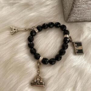 Black Beaded Charm Bracelet with Eiffel Tower and Handbag Charms